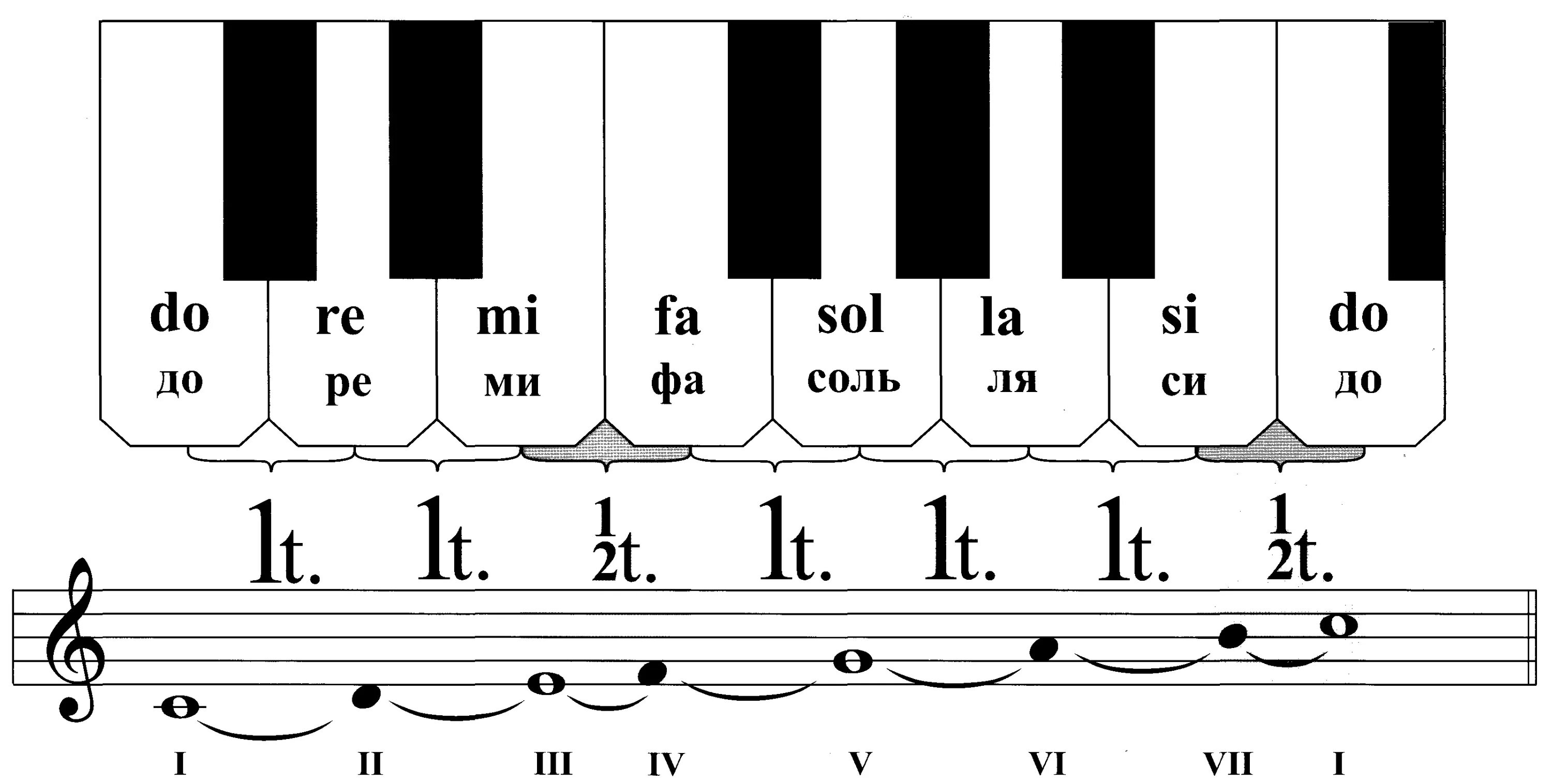 Клавиатура фортепиано с обозначением тонов и полутонов. Схема тонов и полутонов. Звукоряд. Тон полутон на клавиатуре.