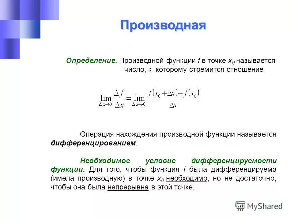 Найдите производную функции в точке х0 1. Процесс нахождения производной. Операция нахождения производной. Производная в точке определение. Операция нахождения производной функции.