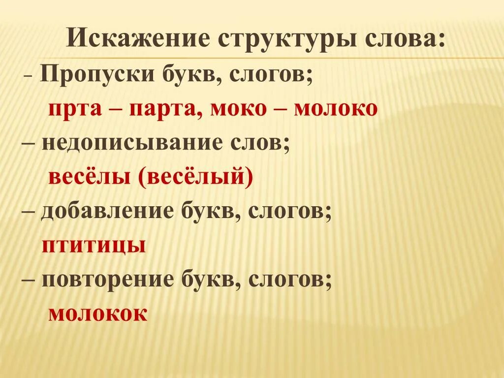 Искажение слов примеры. Искажение структуры слова. Искаженные слова примеры. Пропуск букв.