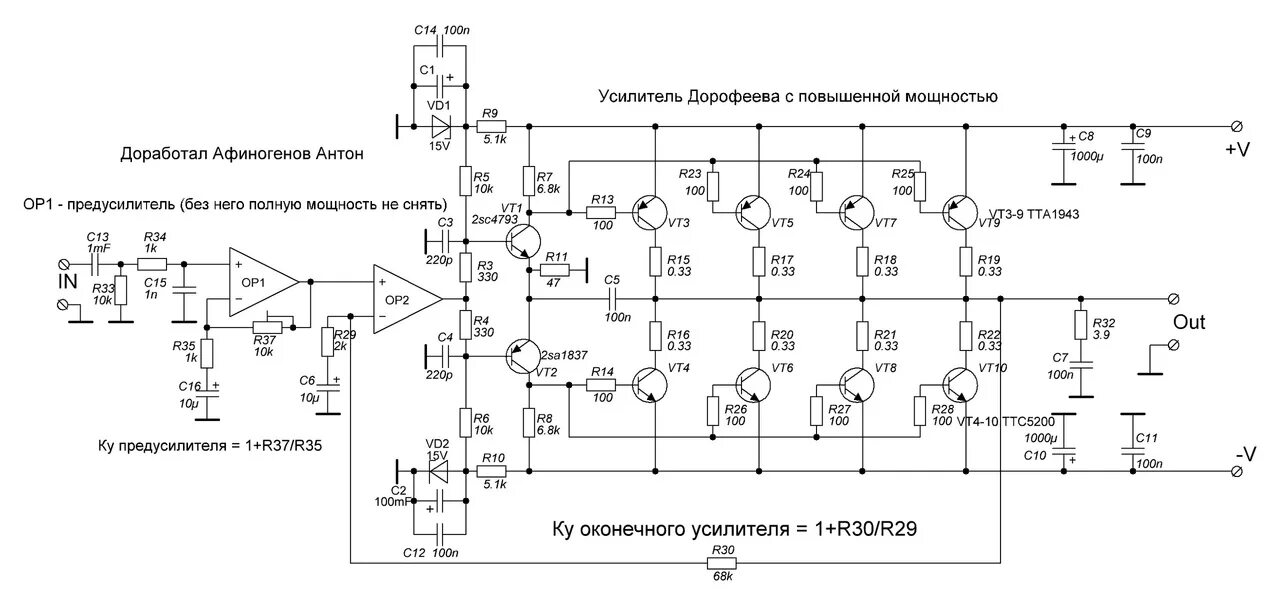 Какая нужна мощность усилителя. Усилитель УНЧ на 50 ватт. Усилитель Дорофеева 1000 ватт схема. Усилитель Дорофеева схема 100 ватт. Усилитель Дорофеева 200 ватт схема.