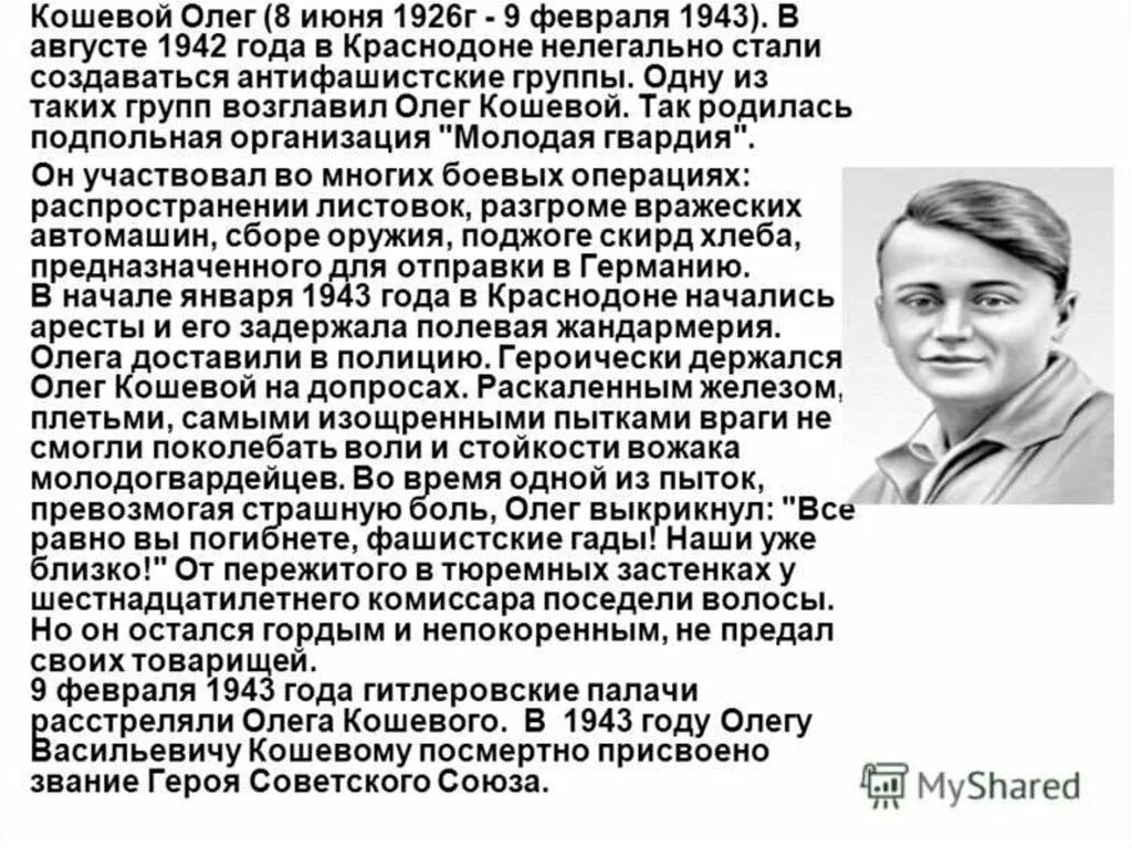 Автобиография великих. Подвиг Олега Кошевого и Молодогвардейцев.. Герои молодой гвардии Кошевой.