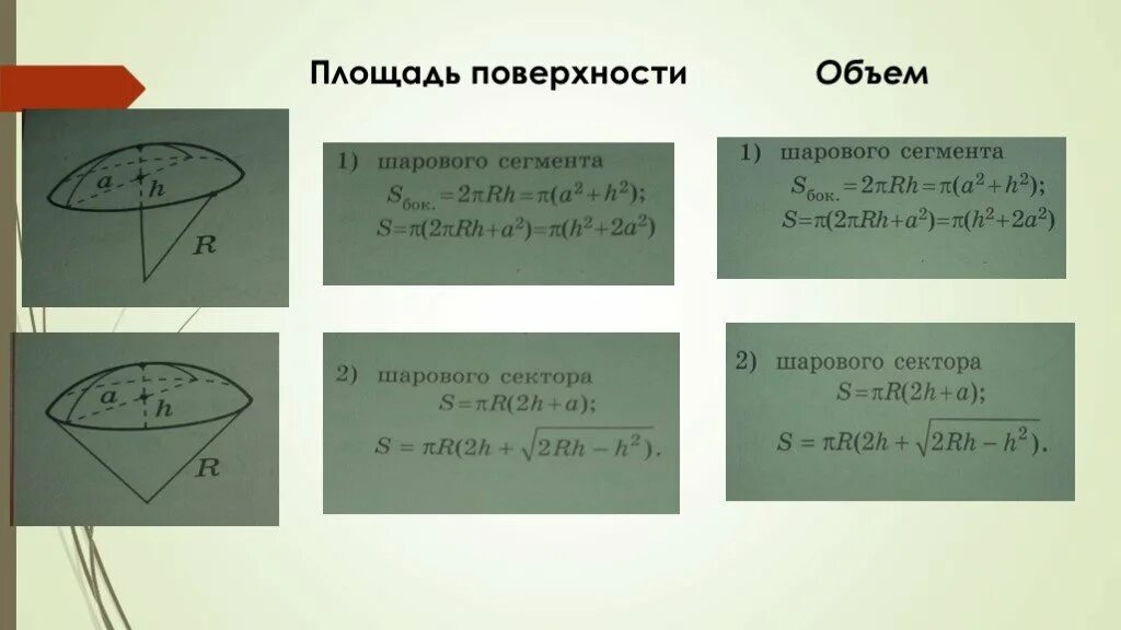 Шаровый сектор формула. Площадь поверхности шарового сегмента. Площадь сферового сегмента. Площадь полной поверхности шарового сегмента. Площадь шаровой поверхности.