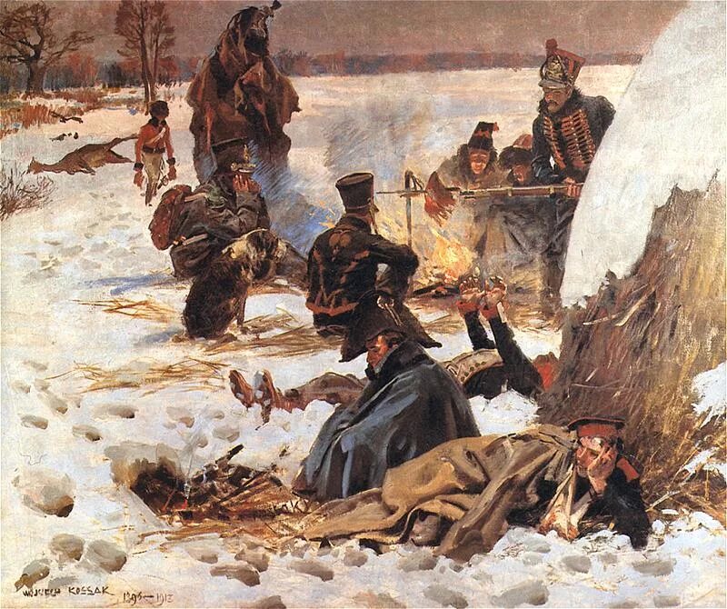 О переправе на войне произведения. Коссак Березина 1812. Войцех Коссак панорама Березина. Коссак отступление Наполеона.