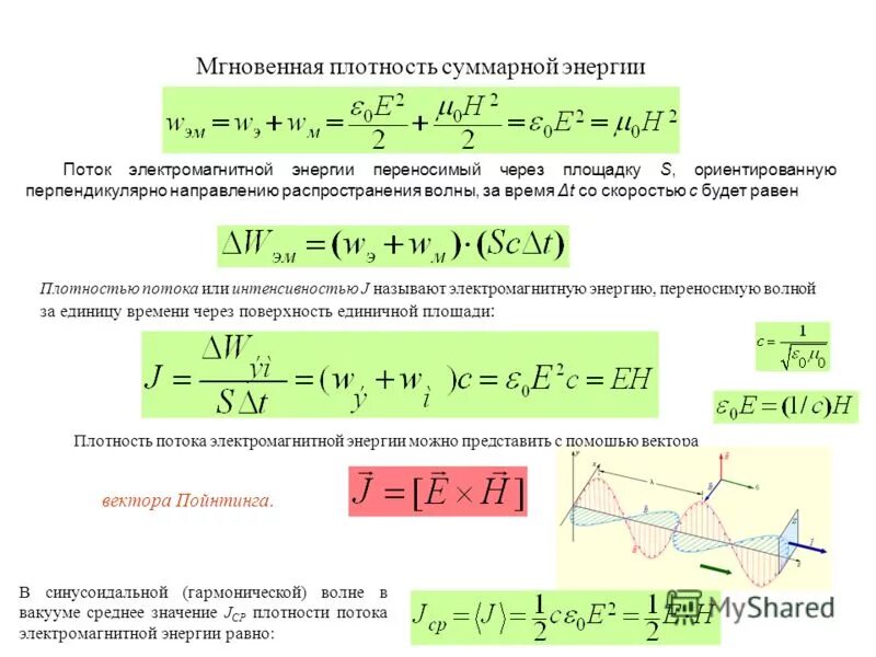 Интенсивность плоской электромагнитной волны формула. Плотность потока энергии электромагнитной волны. Плоская электромагнитная волна плотность энергии. Плотность потока энергии формула Пойнтинга. Направление плотности потока