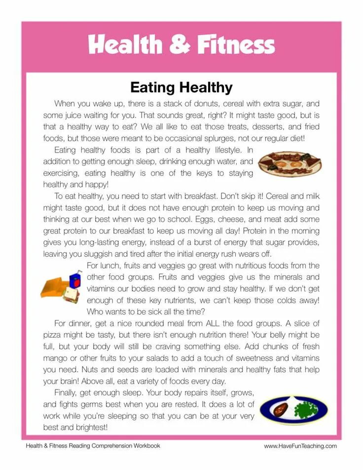 Reading Comprehension английский. Чтение с в английском языке Worksheet. Health reading Comprehension. Text for reading Elementary. Reading about food
