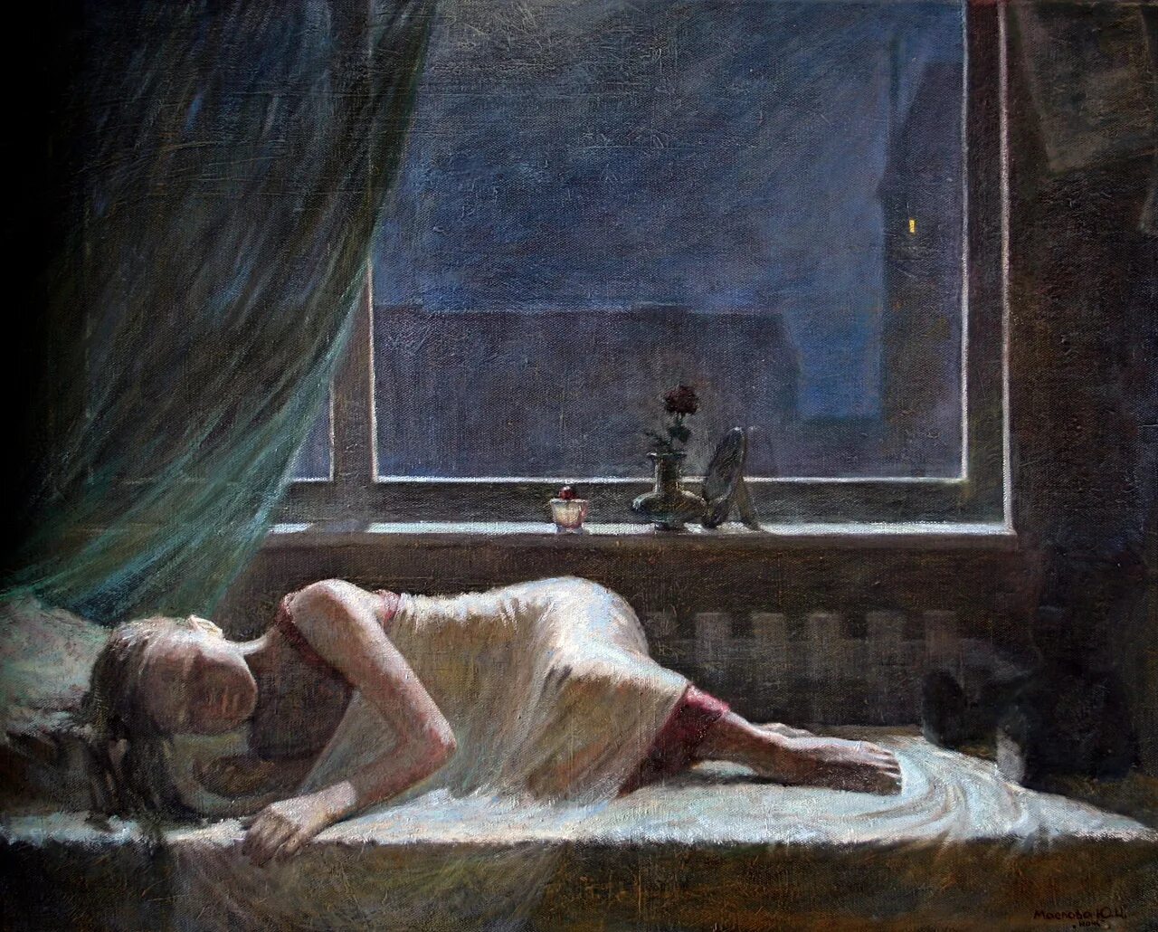 Залететь в окно сонник. Ночь живопись. Женщина у окна живопись. Окно в ночи живопись. Сон в живописи.