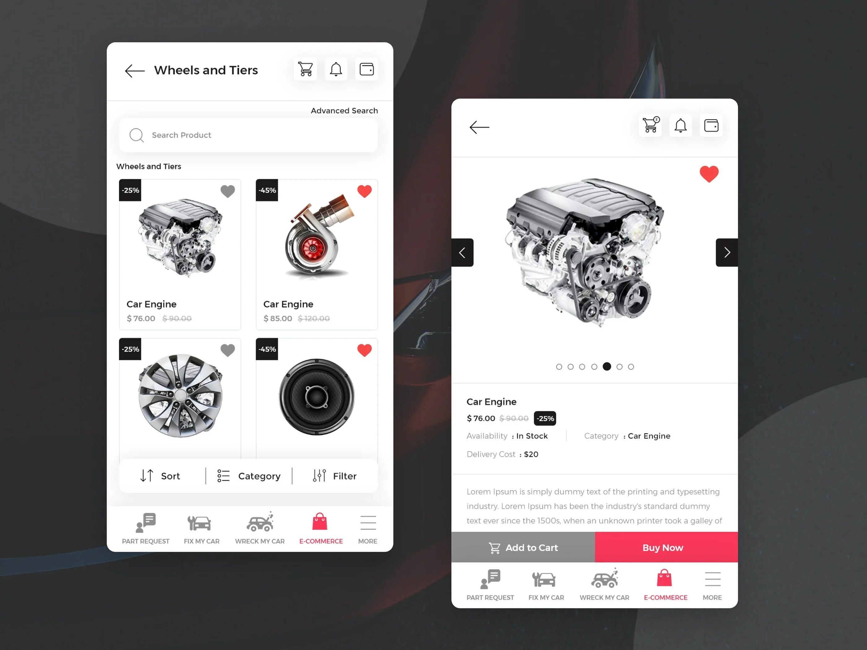 Car app UI Design. Car shop app Design. E Commerce app Design. Car Parts UI. App parts