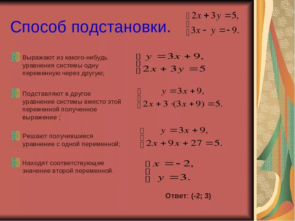 Решите методом подстановки 7 класс. Алгоритм решения систем с двумя переменными методом подстановки. Метод подстановки в системе уравнений. Система уравнений с одной переменной. Решение системы линейных уравнений с одной переменной.