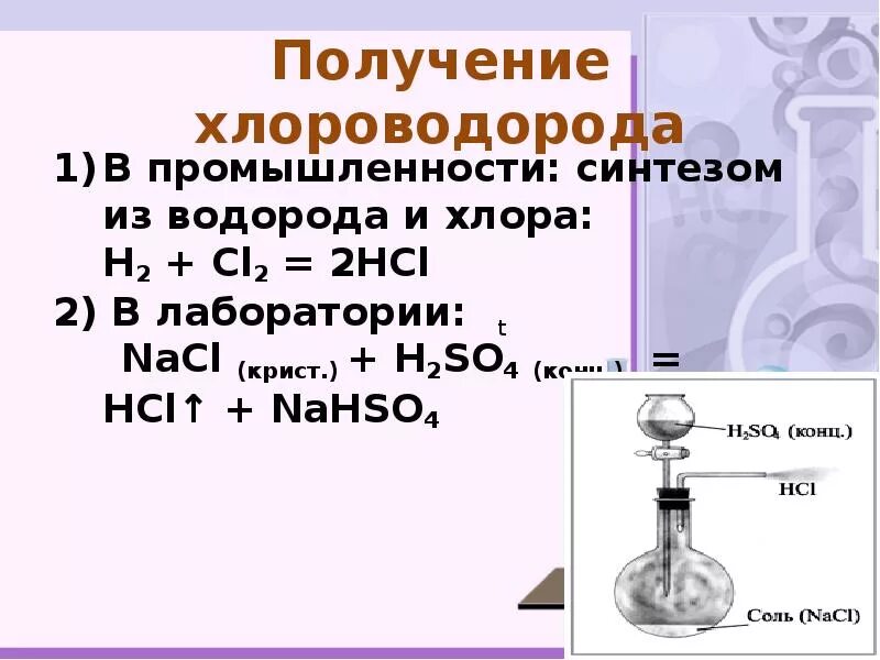 Хлороводород и кислород реакция. Способ получения хлороводорода в лаборатории. Лабораторный способ получения хлороводорода. Получение хлороводорода (HCL). Получение хлора водорода в лаборатории.