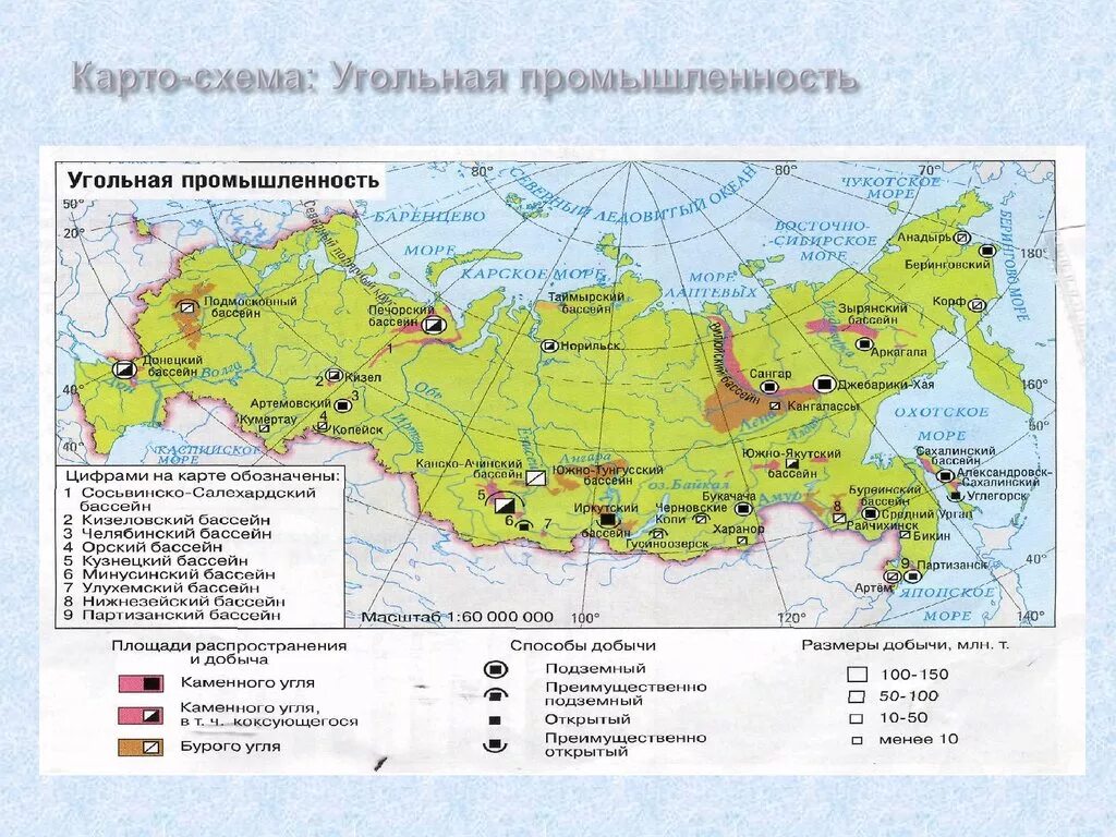 Место добычи угля в россии. Угольная промышленность России карта. Месторождения каменного угля в России на карте. Угольная промышленность России карта 9 класс. Основные бассейны угля в России на карте.