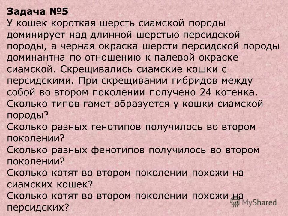 У кошек короткая шерсть доминирует над длинной. Чёрная окраска у кошек доминирует над палевой а короткая. У сиамской кошки короткая шерсть а доминирует над длинной шерстью. У собак короткая шерсть доминирует над длинной. Ген короткой шерсти а у кошек доминирует