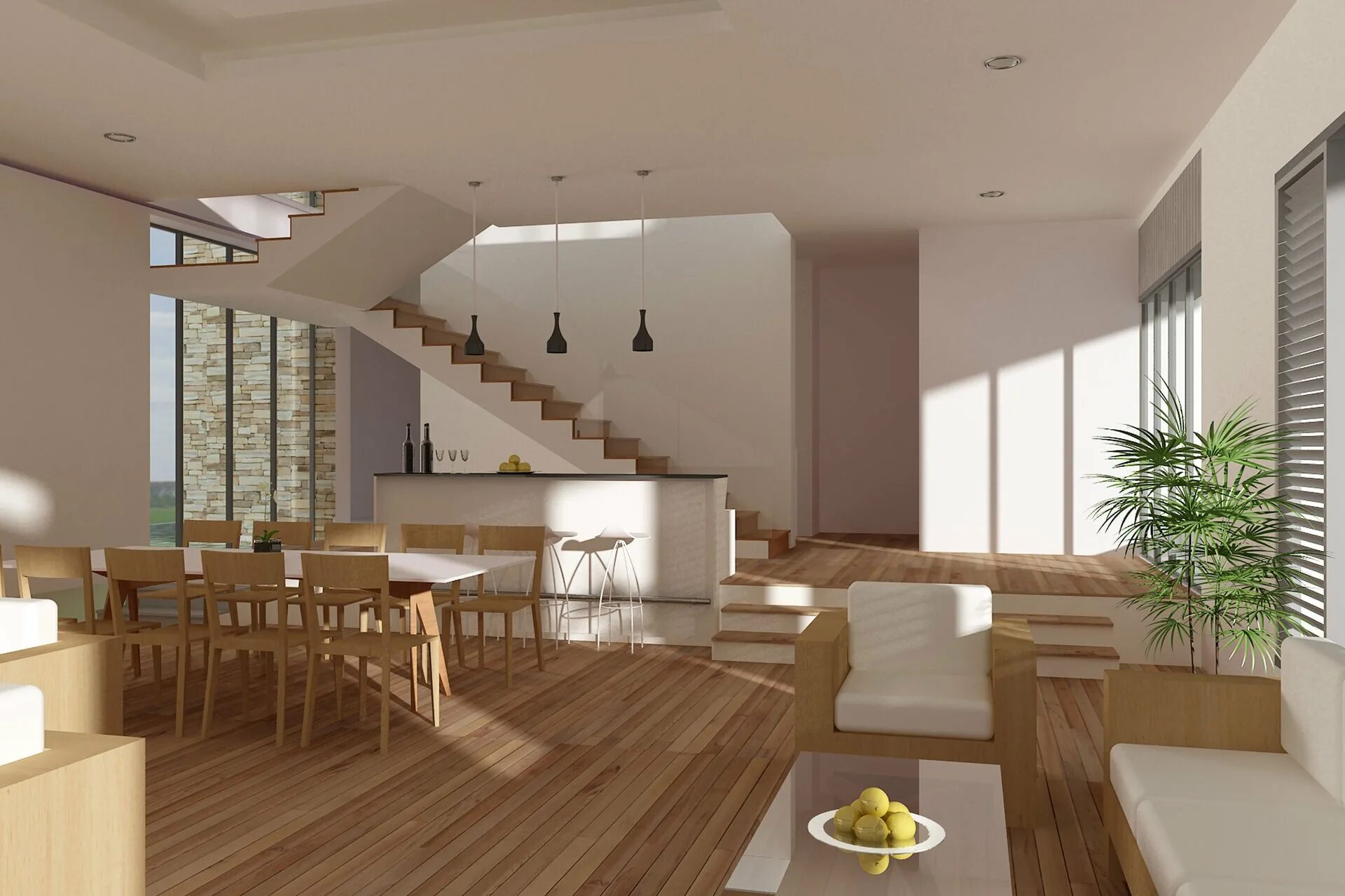 Помещения первого этажа. Кухня гостиная с лестницей. Интерьеры загородных домов и коттеджей. Современный интерьер коттеджа. Интерьер коттеджа в современном стиле.