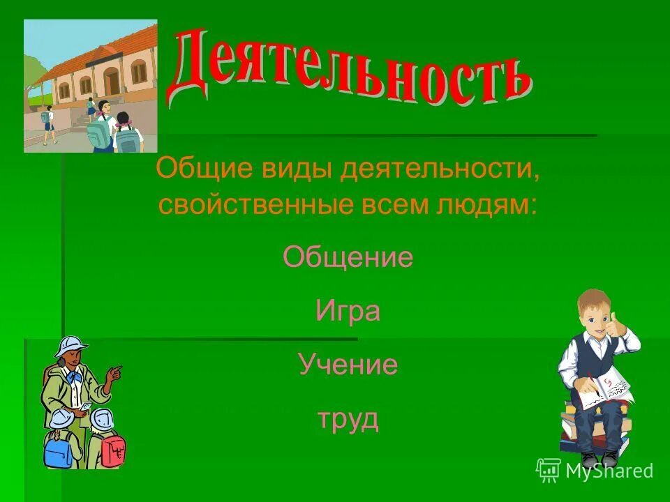 Игра общение труд деятельность учение. Виды деятельности человека. Виды деятельности игра учение общение