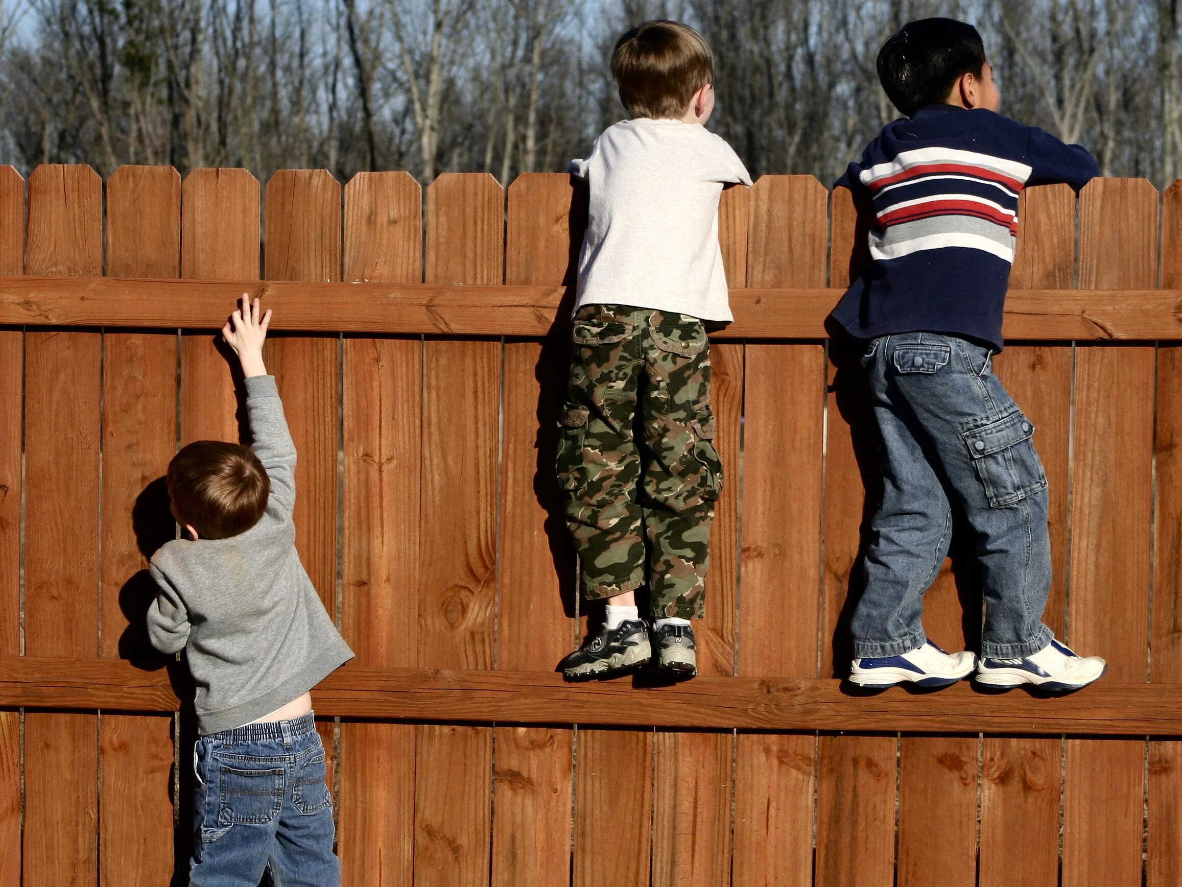Дети перелезают через забор. Ребенок заглядывает за забор. Забор для детей.