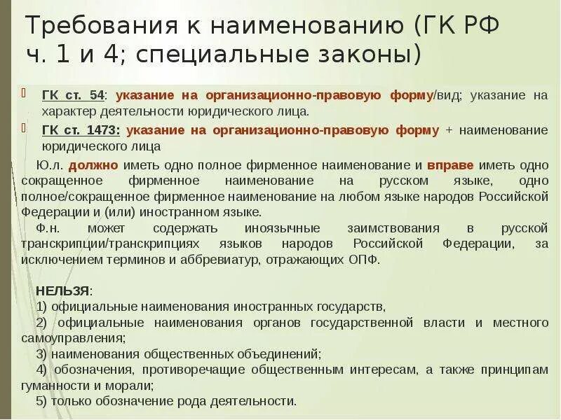 Требования к наименованию организации. Ст 54 ГК РФ. Специальные законы. Ст. 1487 ГК РФ. Наименование ГК это.