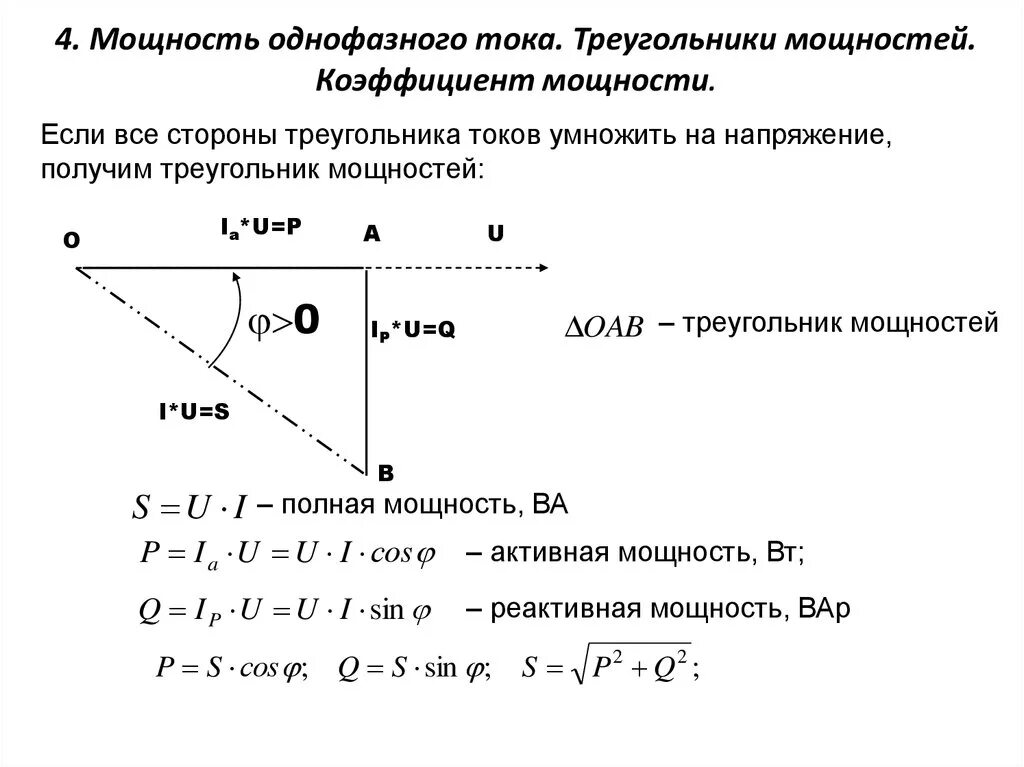 Треугольник мощностей цепи переменного тока. Мощность цепи треугольника. Треугольник мощностей коэффициент мощности. Однофазный переменный ток. Треугольник мощностей.