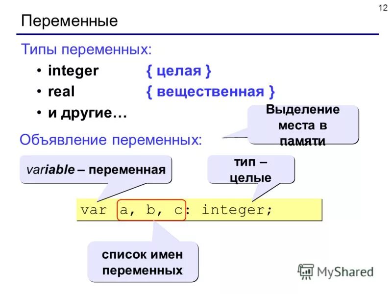 Целые переменные в Паскале. Переменная и типы переменных. Переменные integer Тип. Переменная целого типа на языке Паскаль.