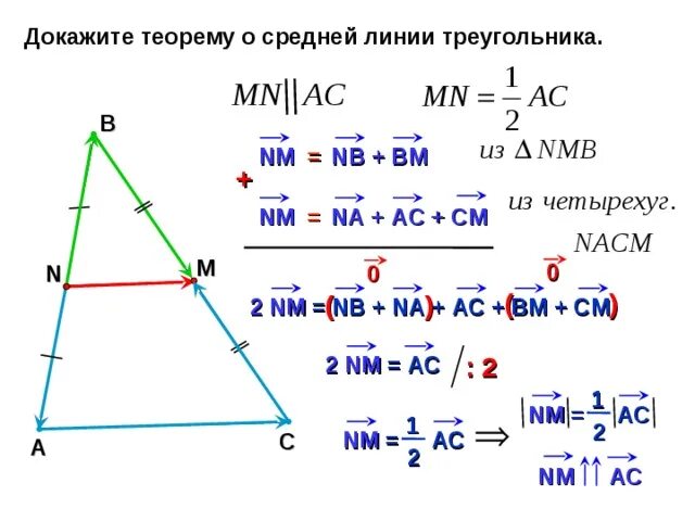 2 теорема о средней линии треугольника. Теорема о средней линии треугольника 8 класс Атанасян. Теорема теорема о средней линии треугольника. Доказательство средней линии треугольника 8 класс.