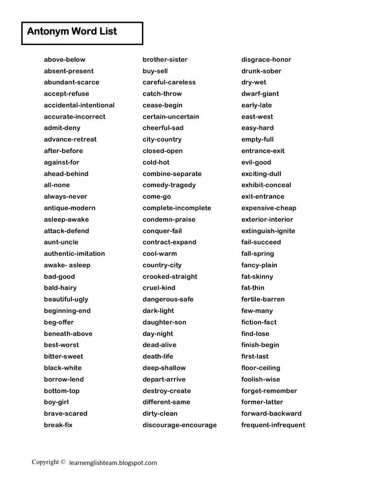 Antonym Words. List of antonyms. Word list. Antonyms in English.