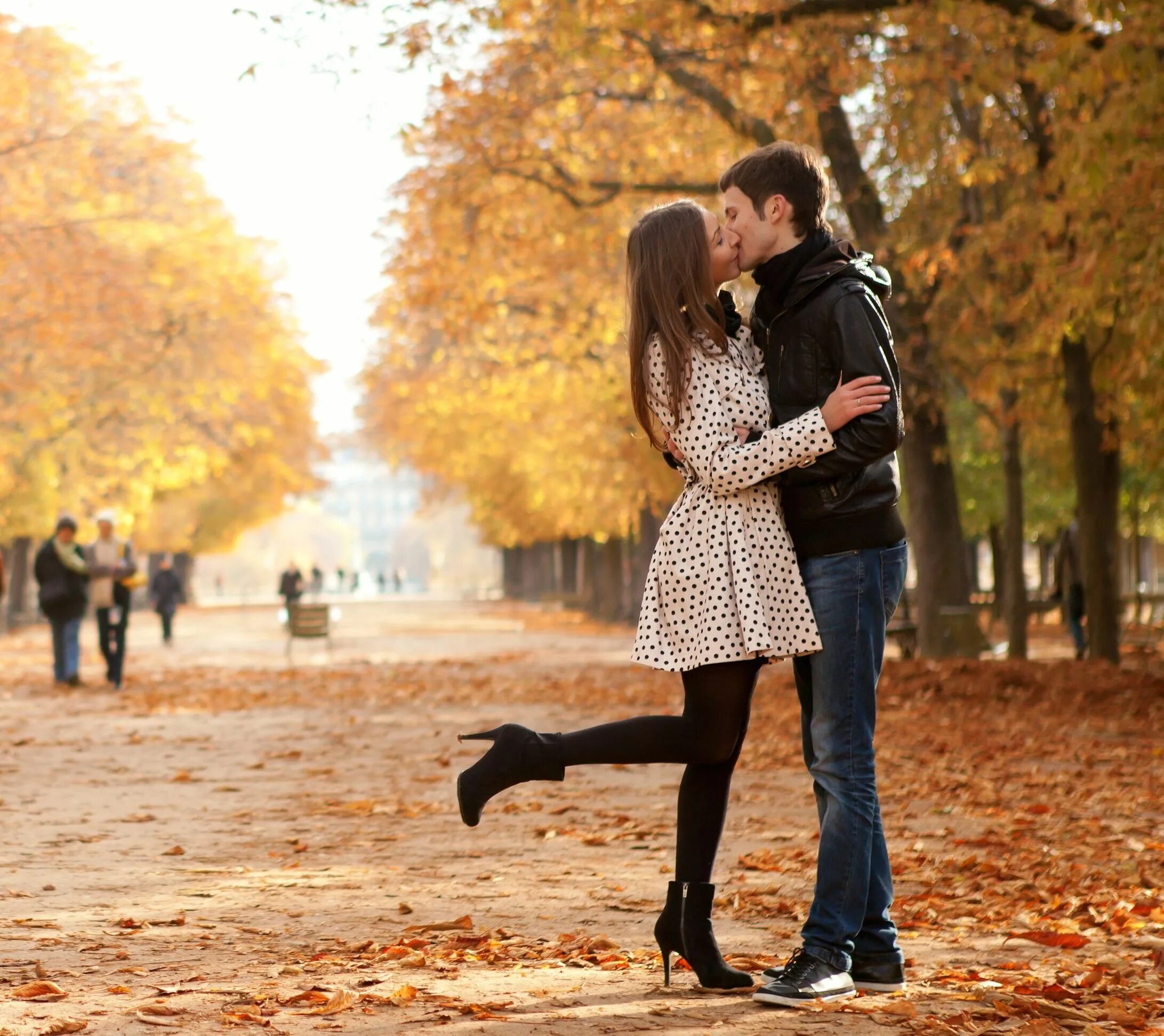 Парень и девушка гуляют. Осенние пары. Парочка гуляет. Поцелуй парня и девушки.
