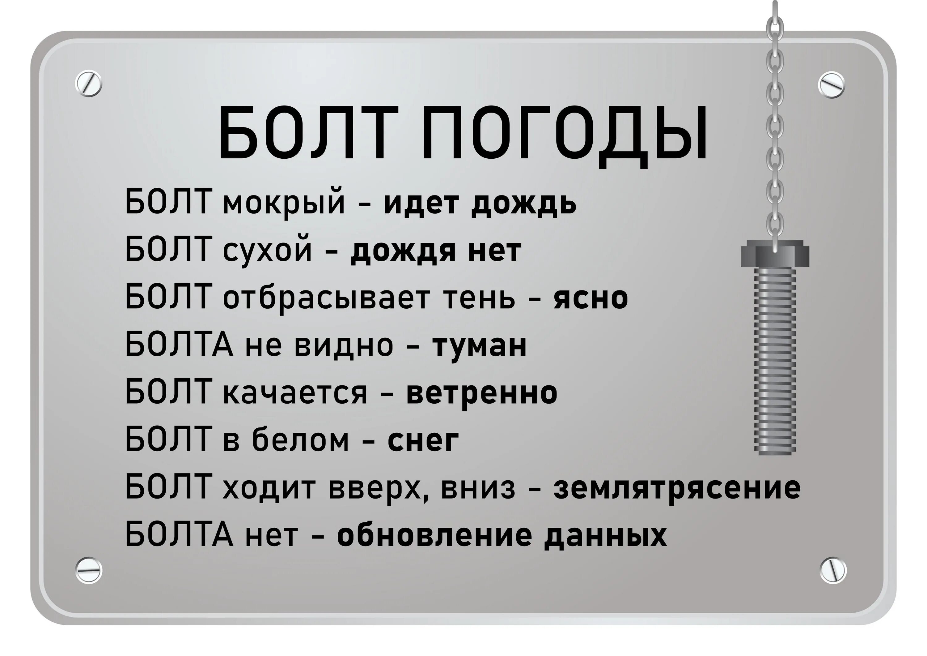 Песня болт положи на стеллажи. Болт погоды. Метеорологический болт. Болт определения погоды. Стишок про болт.