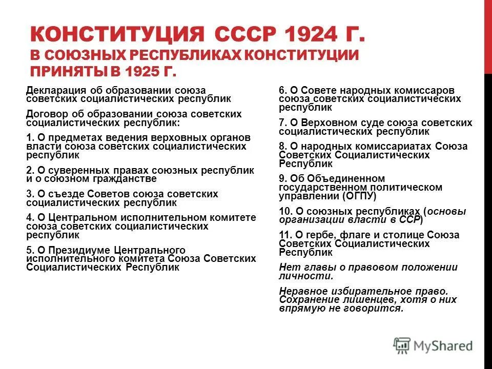 Конституция 1924 характеристика. Основные положения Конституции 1924 года. Характеристика Конституции СССР 1924 кратко. Характеристика Конституции СССР 1924 года. Характеристика Конституции 1924 года.