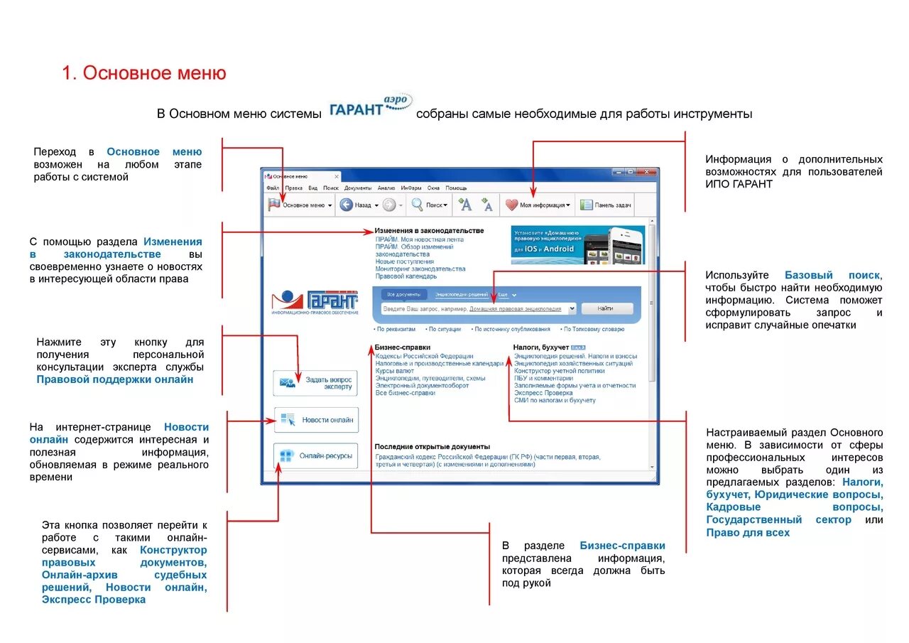 Основные разделы спс Гарант. Интерфейс справочно-правовой системы «Гарант». Спс Гарант возможности системы. Основное меню справочно-правовой системы Гарант.