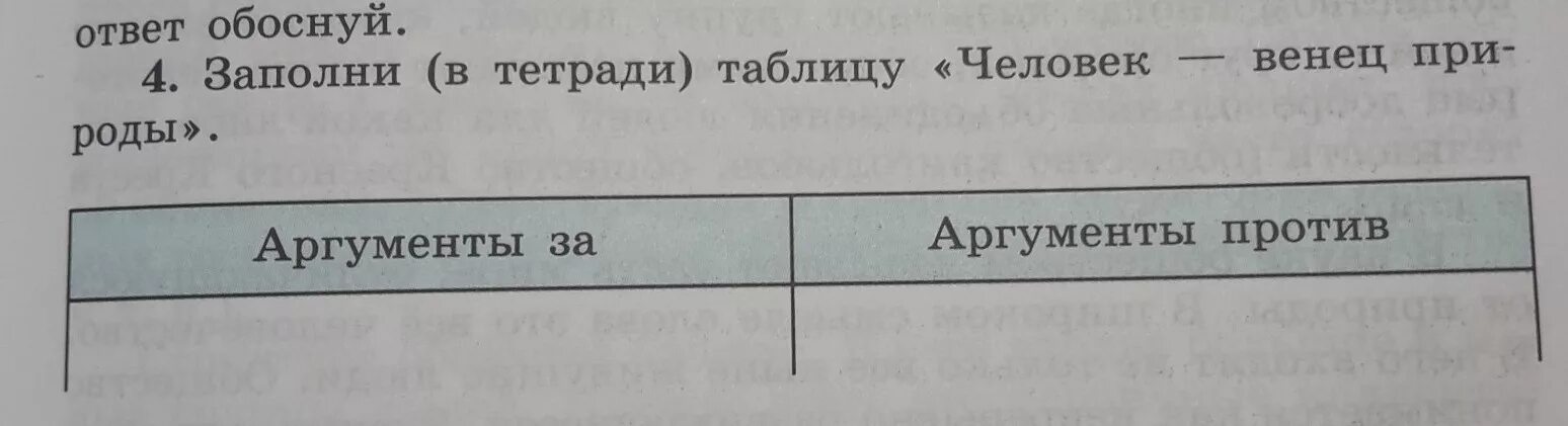 Заполнить таблицу человек и природа. Заполни таблицу человек венец природы. таблица человек венец природы. таблица человек венец природы аргументы. аргументы за и против таблица.