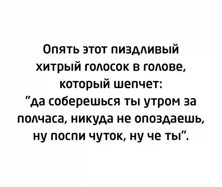 Опоздаешь никуда. Опять этот хитрый голосок в голове. Хитрый голос. Шуточн картинка опять этот хитрый голоса в голове который шепчет. Опять этот хитрый голосов ты никуда не опоздаешь.