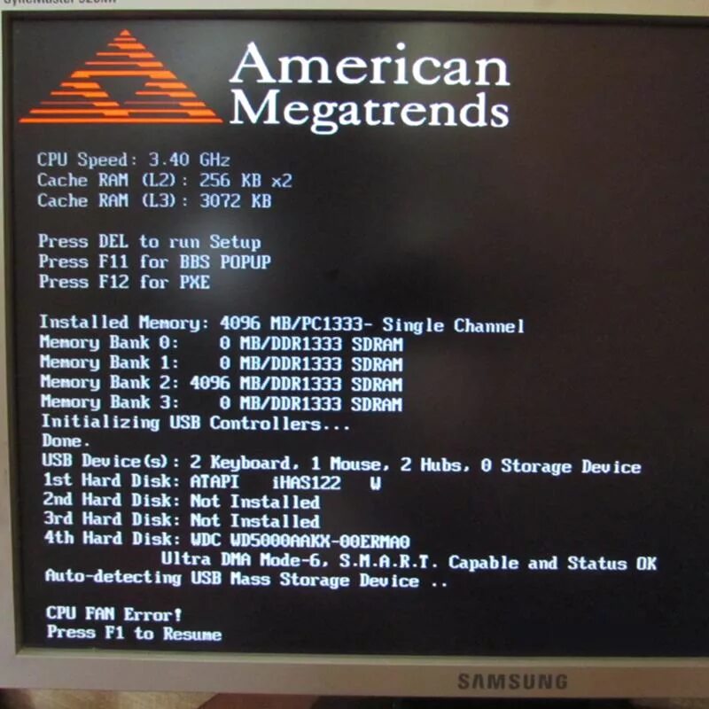 CPU при включении компьютера. Press f1. Экран American MEGATRENDS. Ошибка при включении ПК.