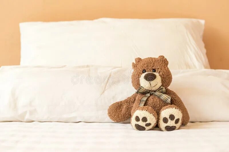 The teddy is on the bed