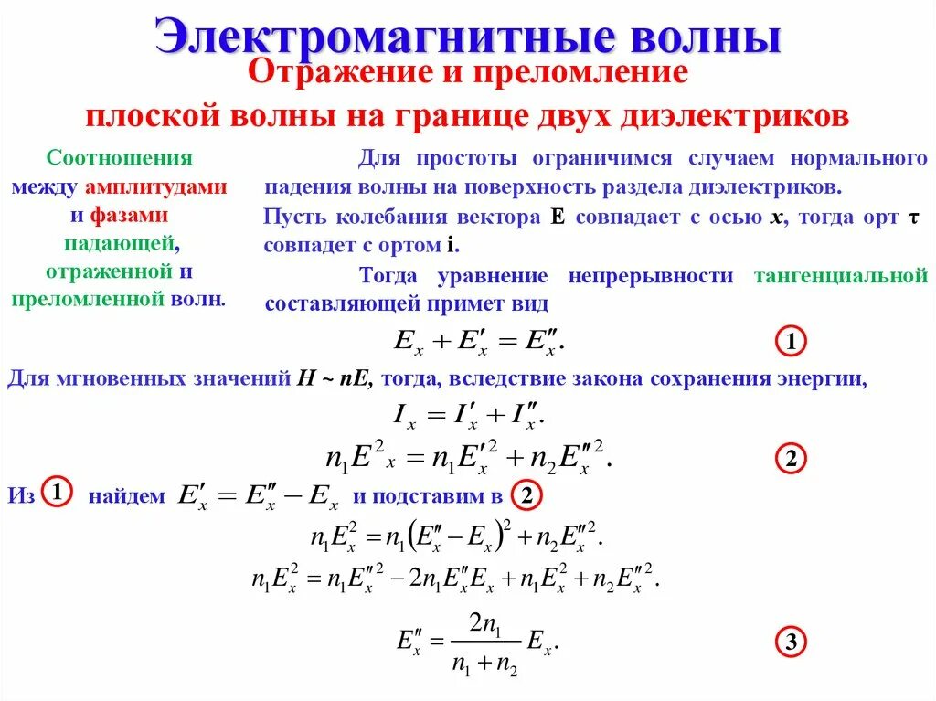 Отражение света диэлектриками. Отражение и преломление плоской волны на границе двух диэлектриков. Отражение и преломление волн на границе двух диэлектриков.. Отражение и преломление плоской волны на границе двух сред. Соотношение амплитуды падающей и отраженной волны.