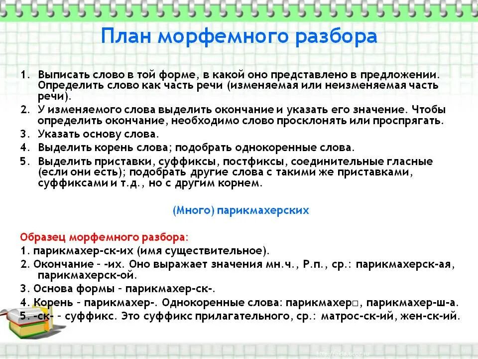 Морфемный разбор слова предохраняет. Порядок морфемного разбора. Морфемный анализ слова. Морфемный анализ пример. План морфемного анализа слова.