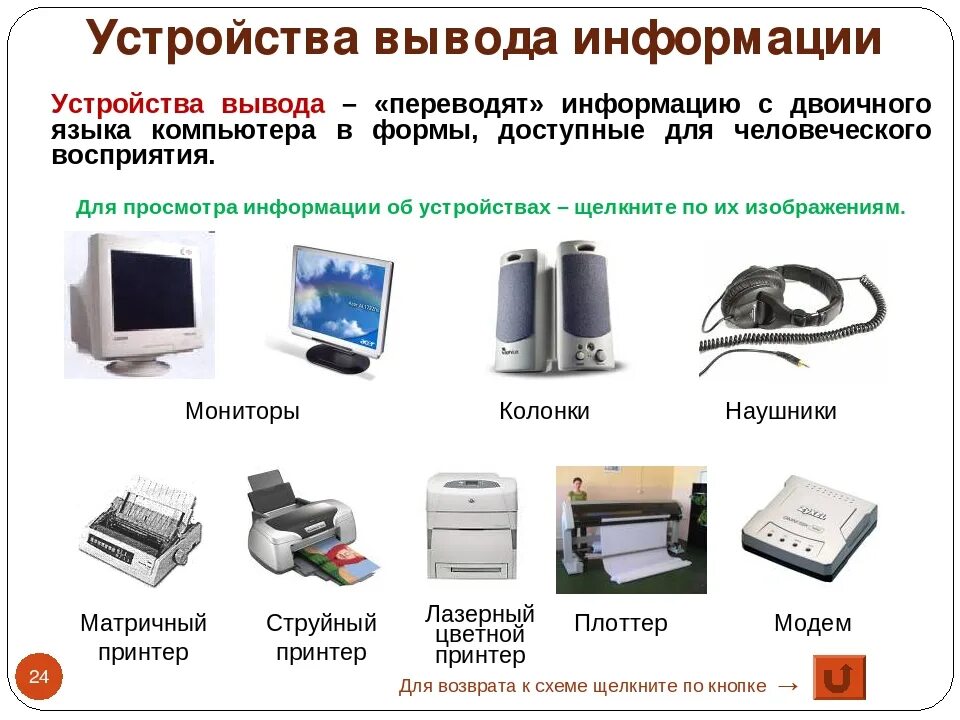 Что делает устройство вывода. Устройства вывода. Устройства вывода информации в компьютер. Назовите устройства вывода информации. Вывод информации из компьютера.