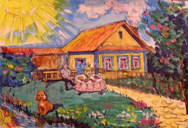 Рисунок каникулы в деревне. Детский рисунок деревенский домик в деревне. Рисунок на день села. Рисование домик в деревни у бабушки. Дети рисуют домик в деревне.