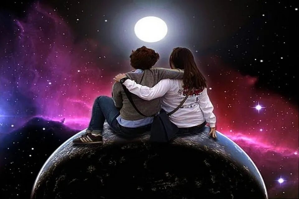 Она смотрела на луну. Космос любовь. Мужчина и женщина космос. Вселенная влюбленных. Романтический космос.