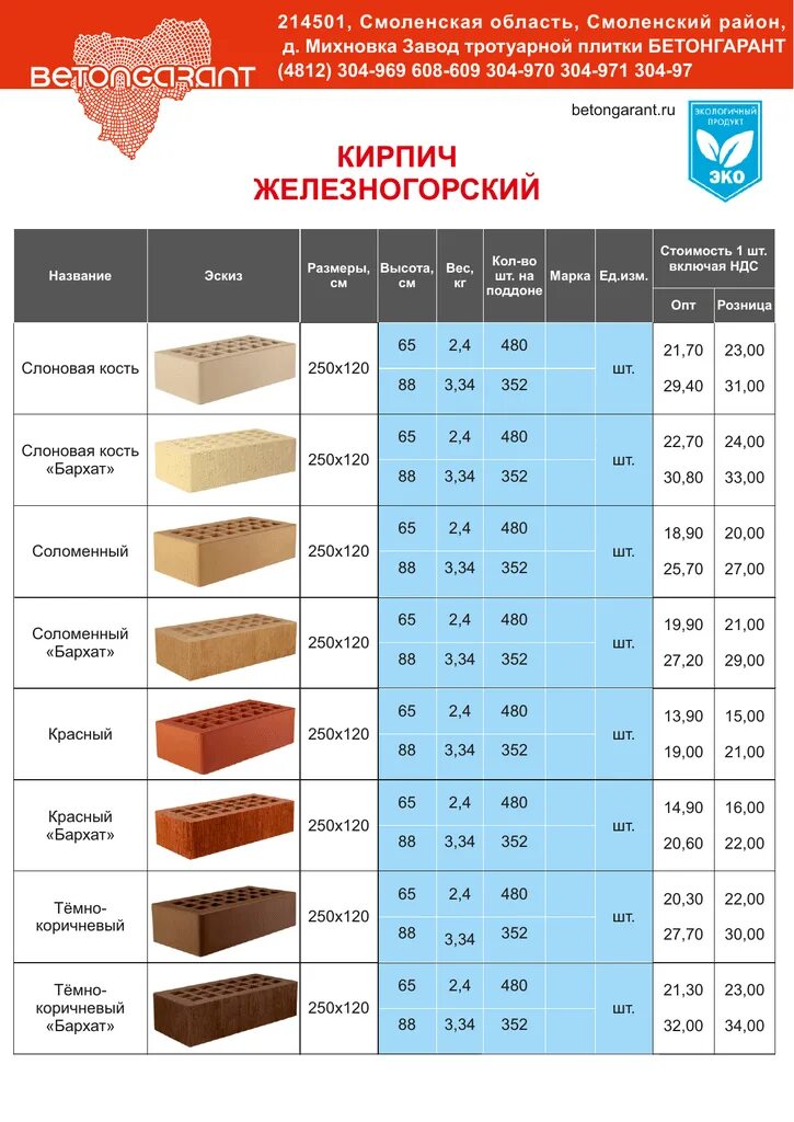 Кирпичный завод прайс лист. Кирпич Бетонгарант. Бетонгарант Смоленск. Железногорский кирпич Размеры.