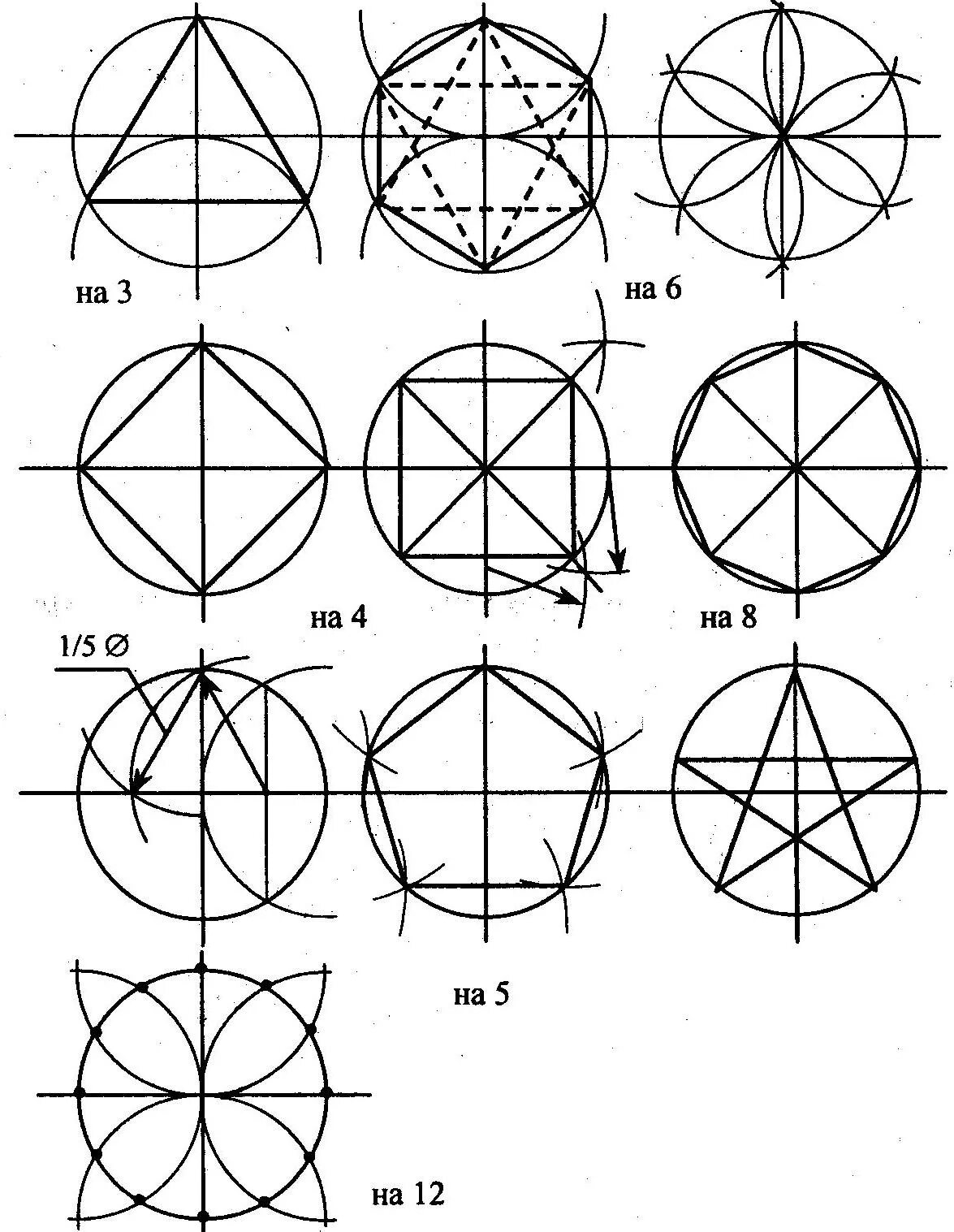 Простые геометрические построения. Чертеж 5 угольника циркулем. Вычерчивание орнамента в круге. Построение геометрического орнамента. Фигуры для черчения.