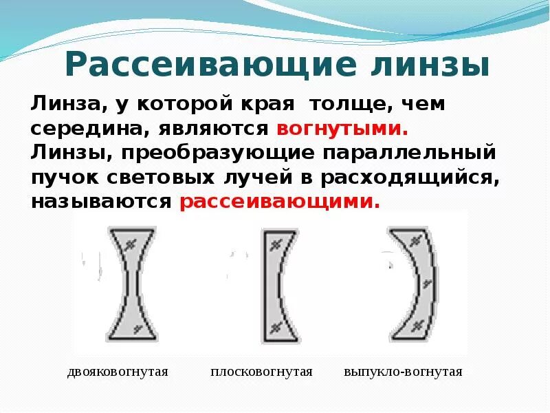 Линза у которой края толще. Рассеивающая линза. Рассеивающая линза двояковогнутая. Плосковогнутая линза. Плоско вогнутая линза.