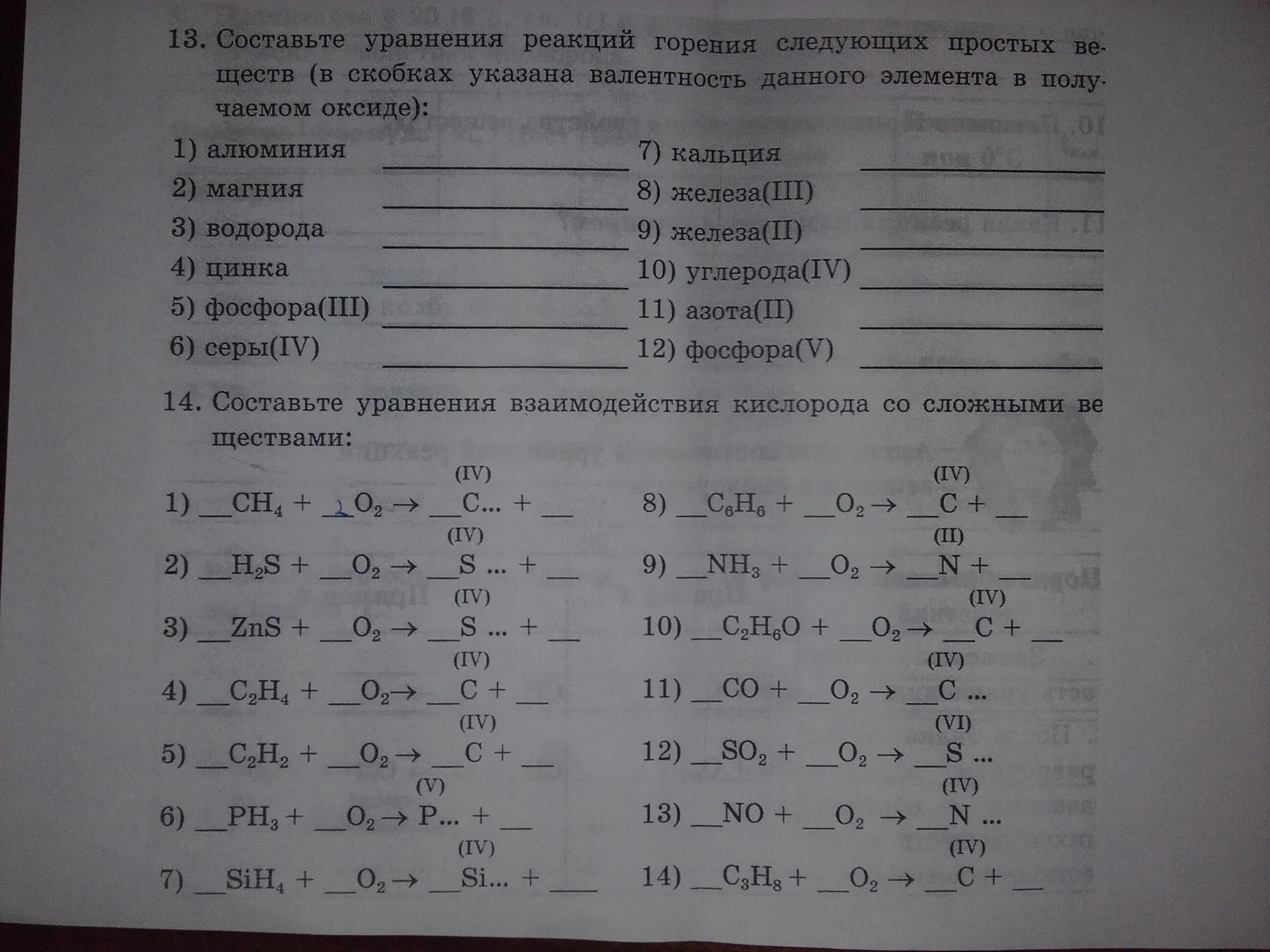 Составьте уравнения реакций горения следующих