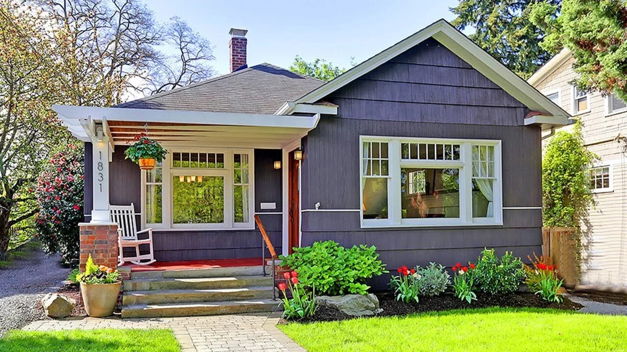 Small house usa. Крафтсман стиль дома. Дом с бордовой крышей. Тини хаус одноэтажный. Маленький канадский домик.