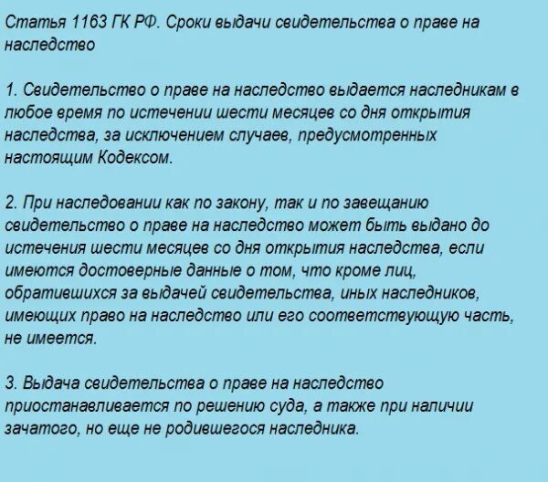 Статья 1163 ГК. Выдача свидетельства о праве на наследство приостанавливается. Сроки выдачи свидетельства о праве на наследство. Вступление в наследство после шести месяцев. Получение наследства после смерти завещанию