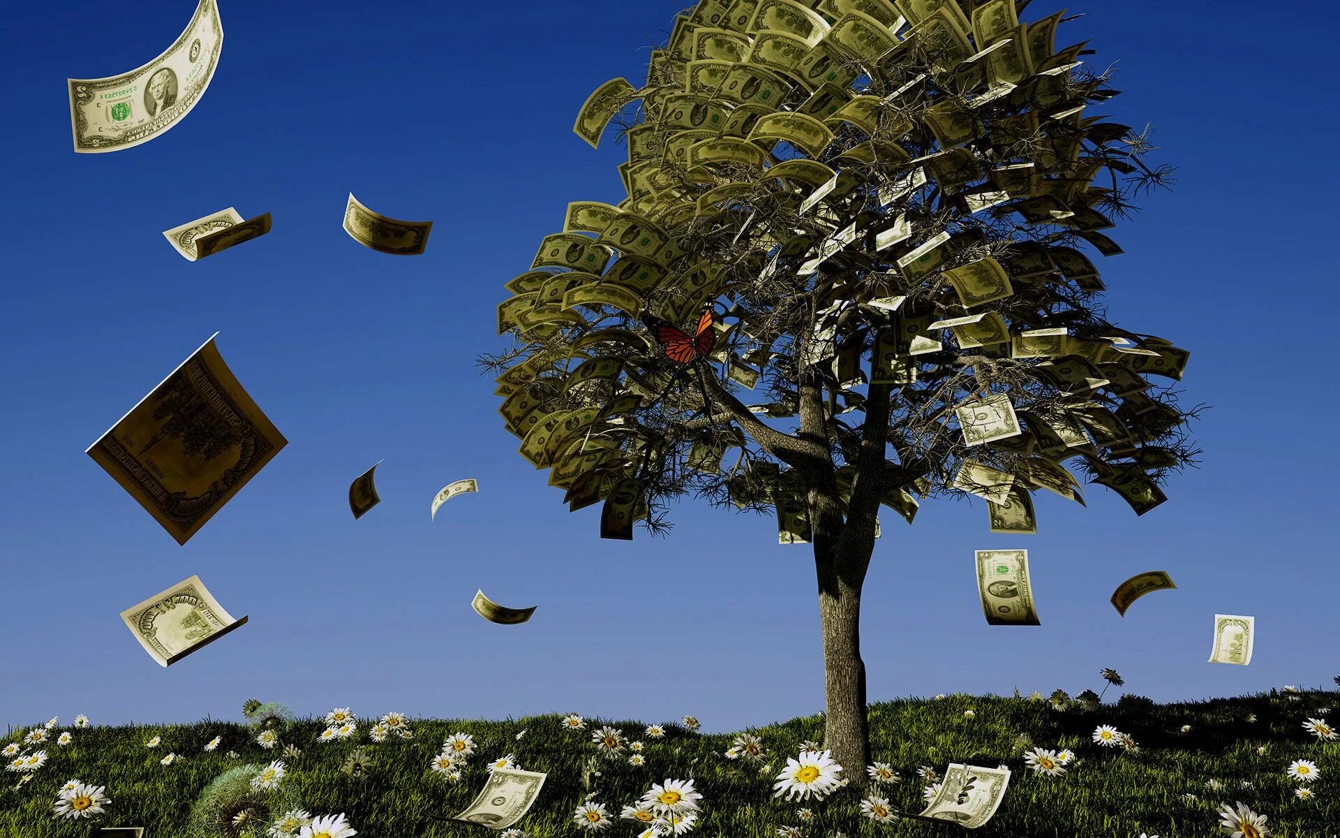 Дерево с купюрами. Дерево с деньгами. Денежное дерево с купюрами. Визуализация денег.