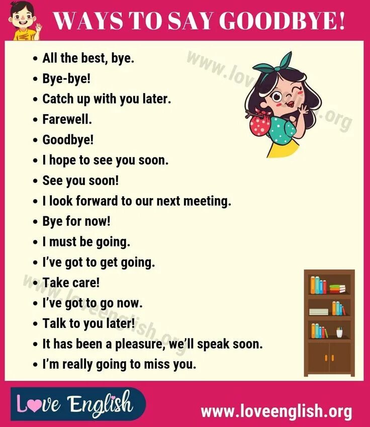 Ways to say Goodbye in English. Ways to say Bye. Different ways to say Goodbye. Different ways to say Bye.