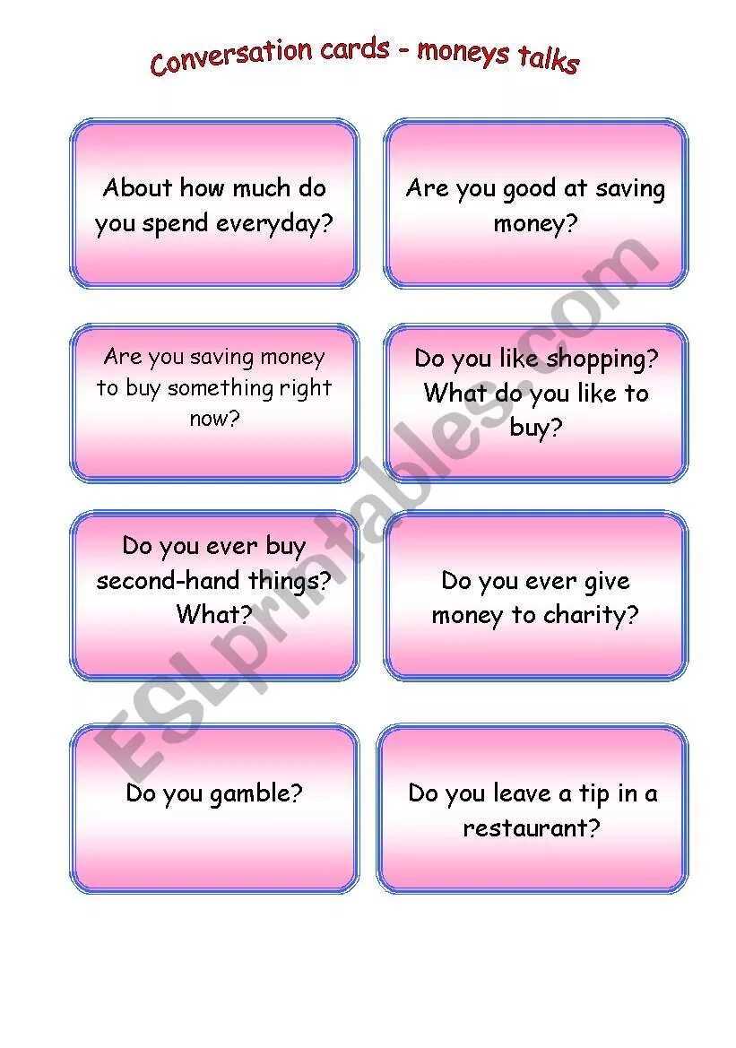 I would like to talk about. Money speaking Cards. Questions about money for speaking. Let's talk about money Worksheet. Speaking Cards a1.