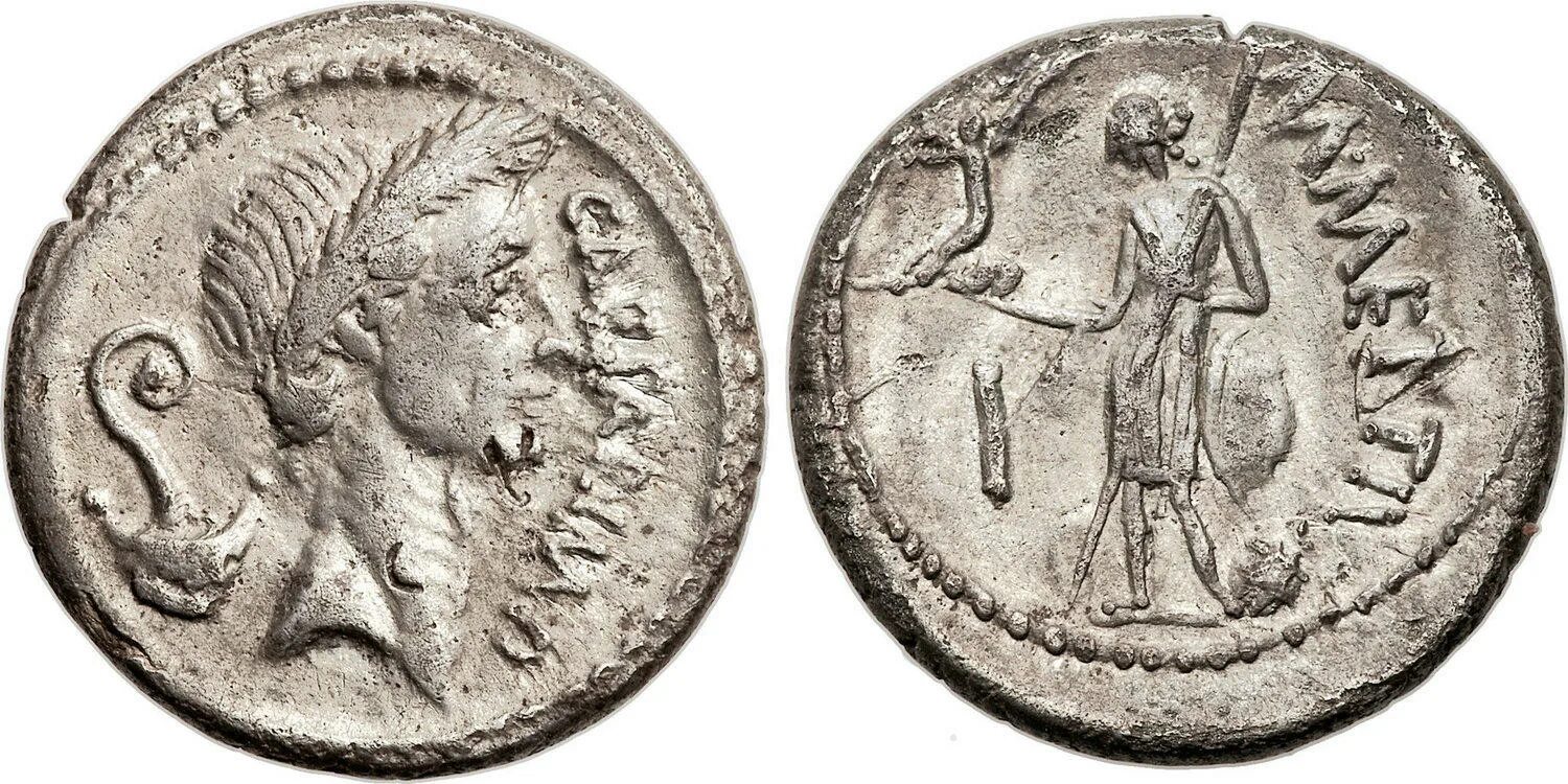 Динарий Цезаря Тиберия. Денарий кесаря монеты CESSR. 44 год до н э
