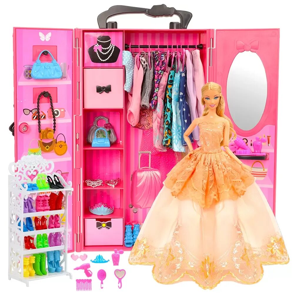 Кукольные аксессуары. Шкаф для одежды, Barbie Mattel 17222663. Набор Barbie шкаф для одежды, x4833. Набор Barbie шкаф с куклой и одеждой, 30 см, dpp58. Набор Barbie гардероб мечты gbk10.