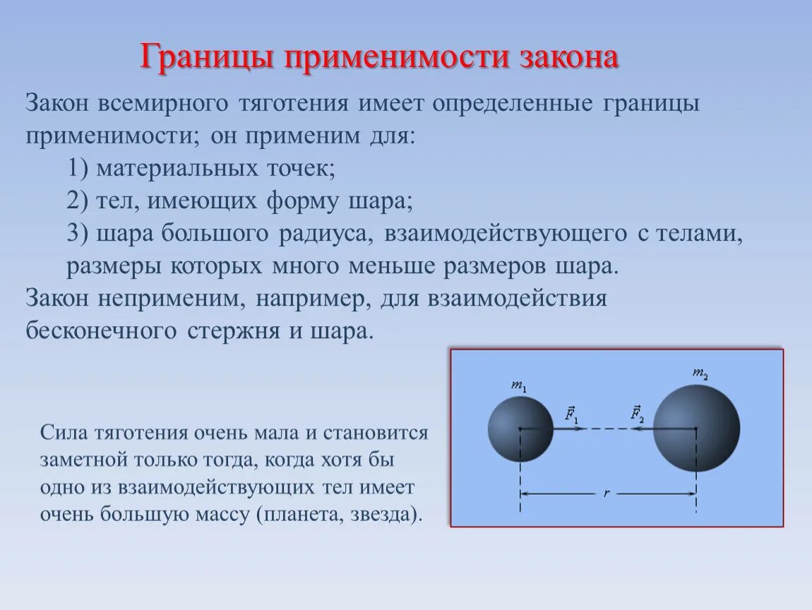 Вес тела границы применимости. Границы применимости закона Всемирного тяготения. Границы применения закона Всемирного тяготения. Закон Всемирного тяготения применим. Всемирное тяготение 9 класс