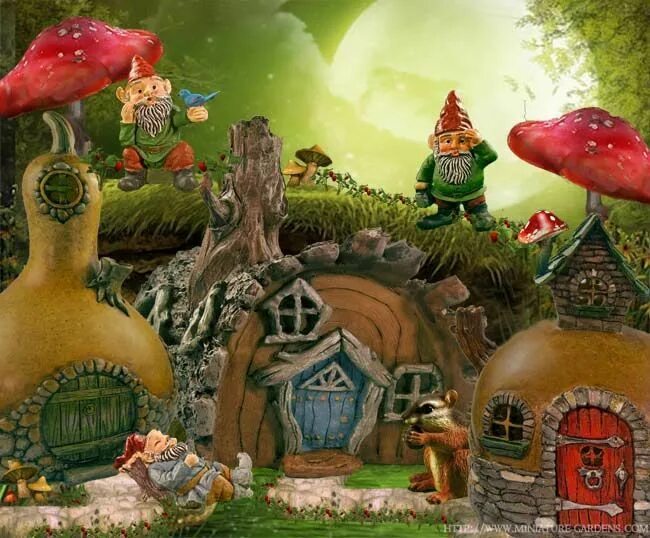 Fairy village. Деревня гномов. Гномики в домике и природе. Сказочный сад в миниатюре на садовом участке. Деревня Махуник гномов.