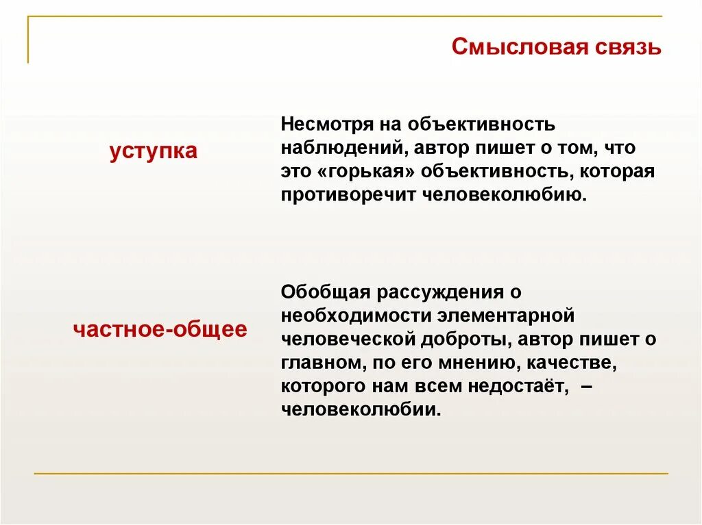 Укажите смысловую связь. Смысловая связь уступка. Типы смысловой связи. Связь примеров от общего к частному. Смысловая связь ЕГЭ русский.